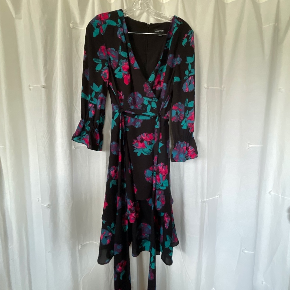 Tahari Ruffle Black Floral Dress